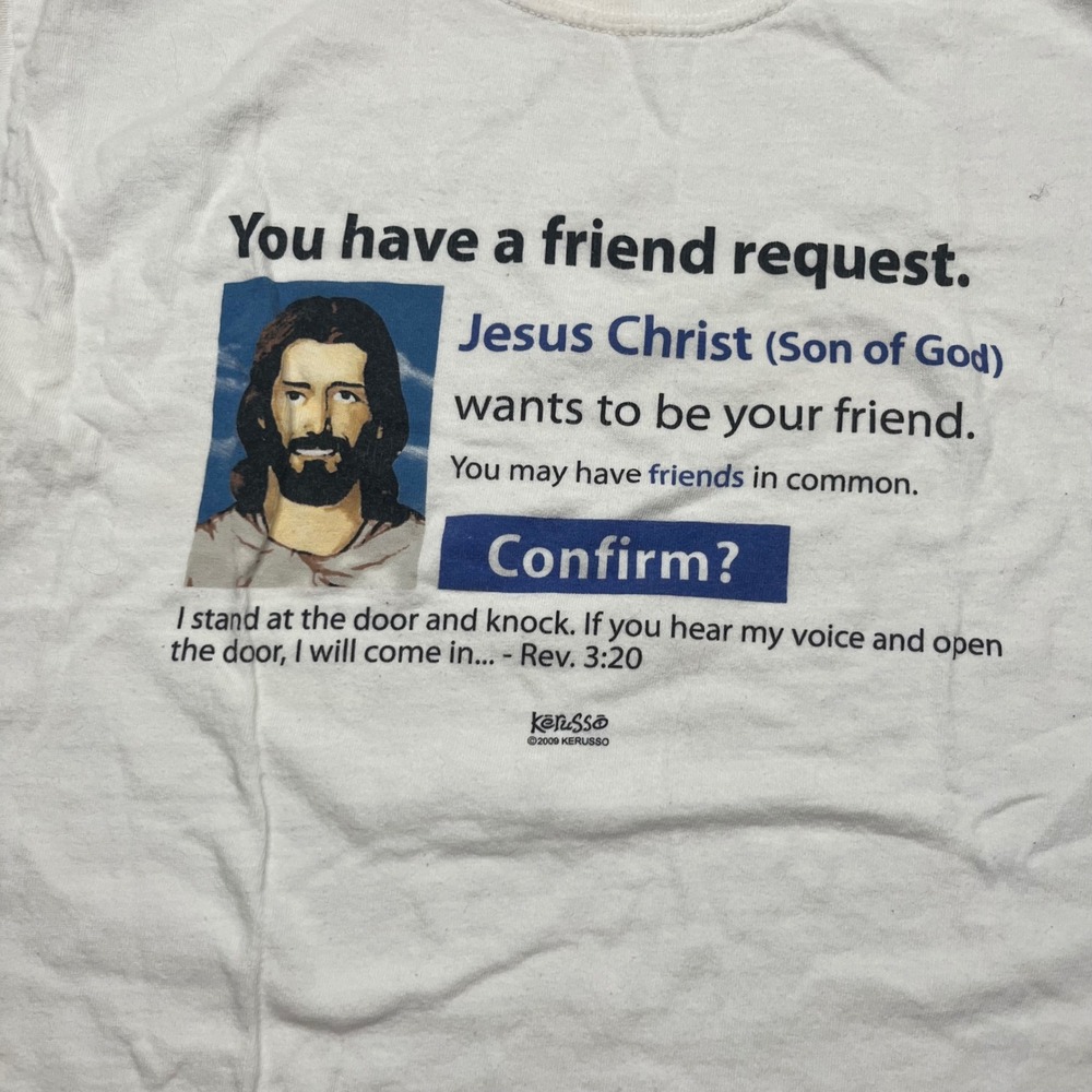 Kerusso Jesus Friend Request Graphic T-Shirt Mens Small White 2009 Rev 3:20 - Picture 3 of 5
